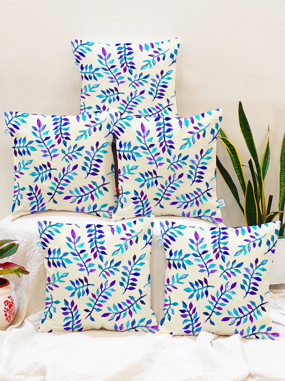 STITCHNEST Set Of 5 Blue & Off White Floral Square Cushion Covers