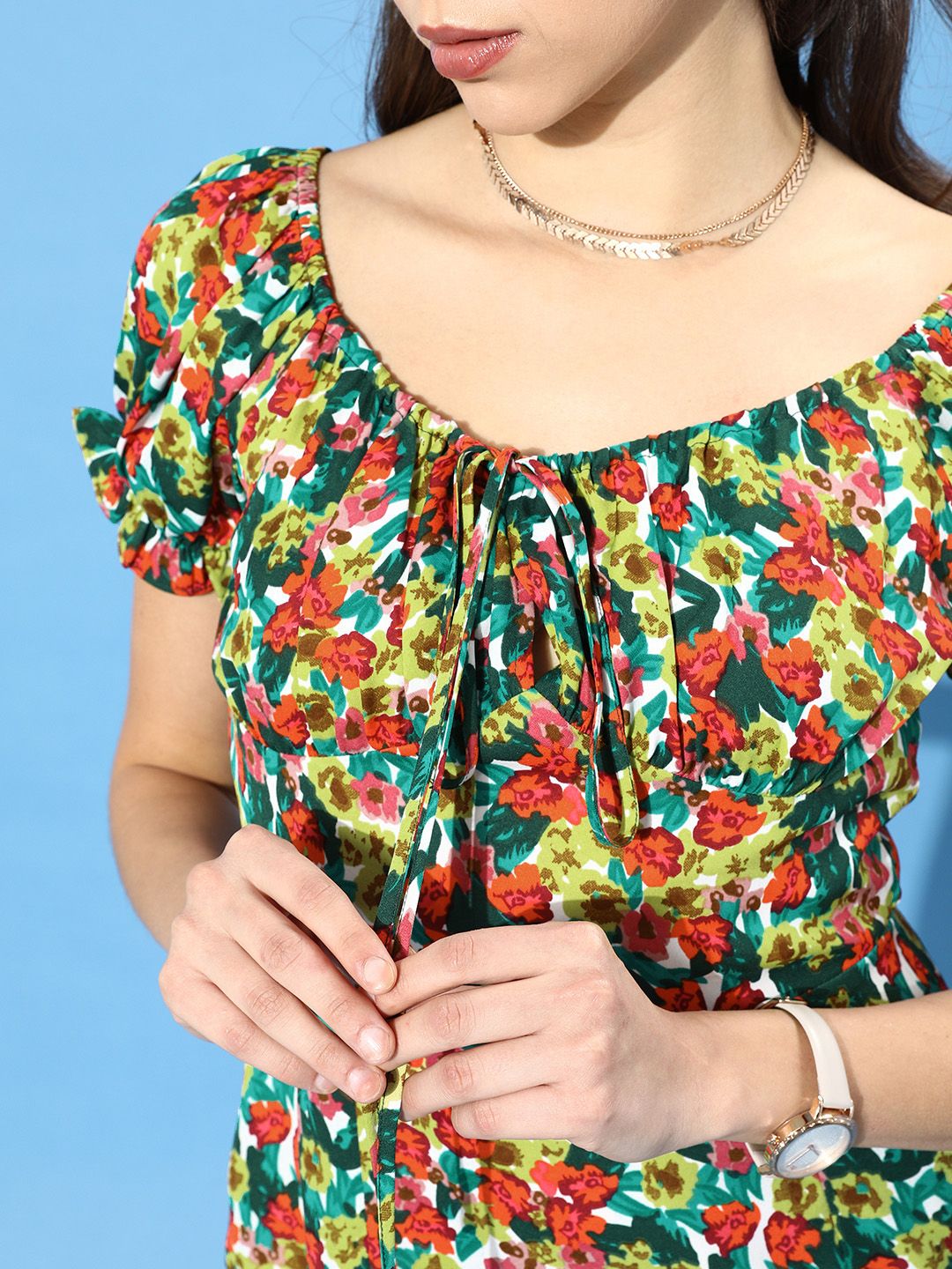Berrylush Women Red Allover Floral Print Ruched Bust Detail Dress