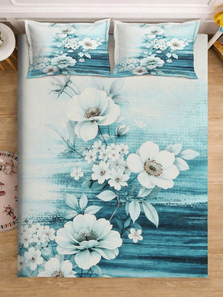 Moda Rapido X KLOTTHE Blue & White Floral 400 TC King Bedsheet with 2 Pillow Covers