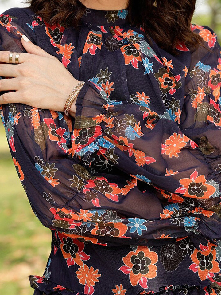 STREET 9 Navy Blue & Orange-Coloured Floral Printed A-Line Mini Dress