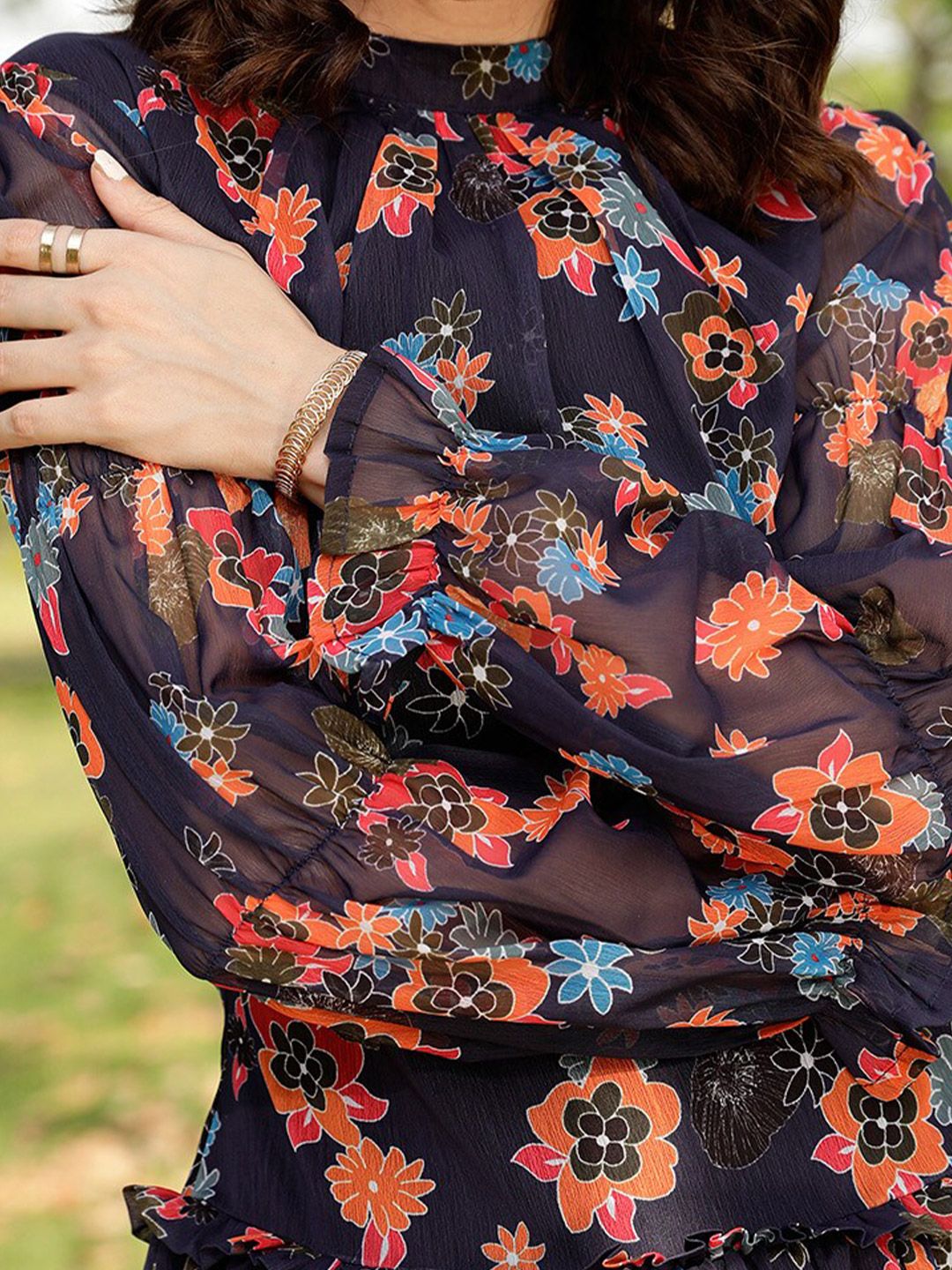 STREET 9 Navy Blue & Orange-Coloured Floral Printed A-Line Mini Dress