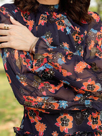 STREET 9 Navy Blue & Orange-Coloured Floral Printed A-Line Mini Dress