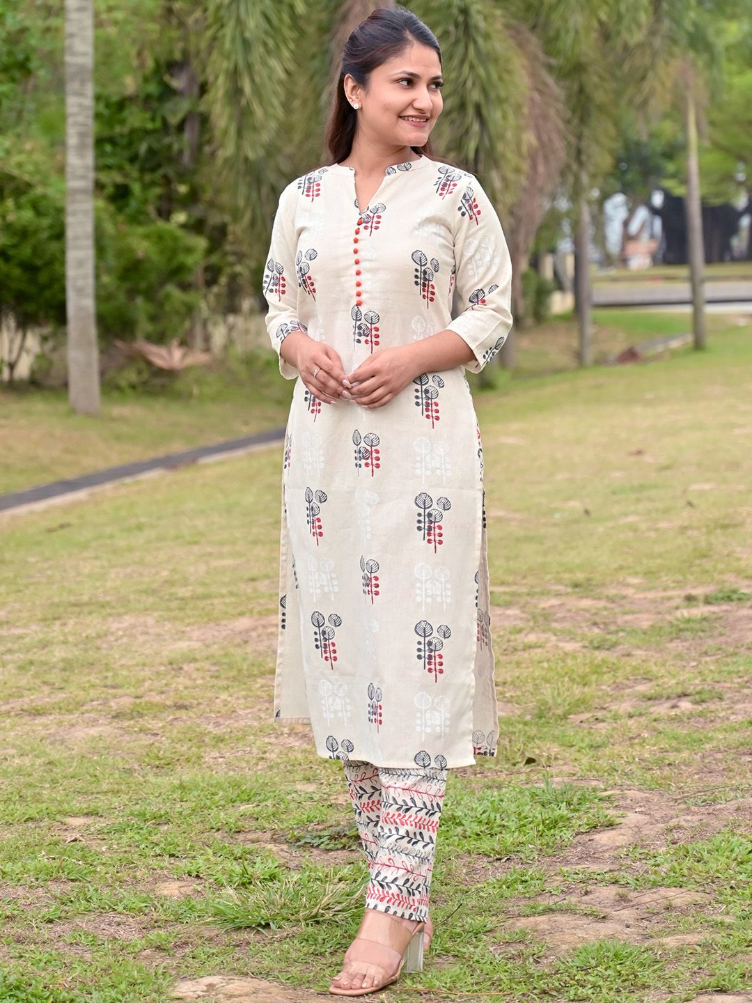 Libas Women Beige Ethnic Print Straight Kurta Set With Side Pockets