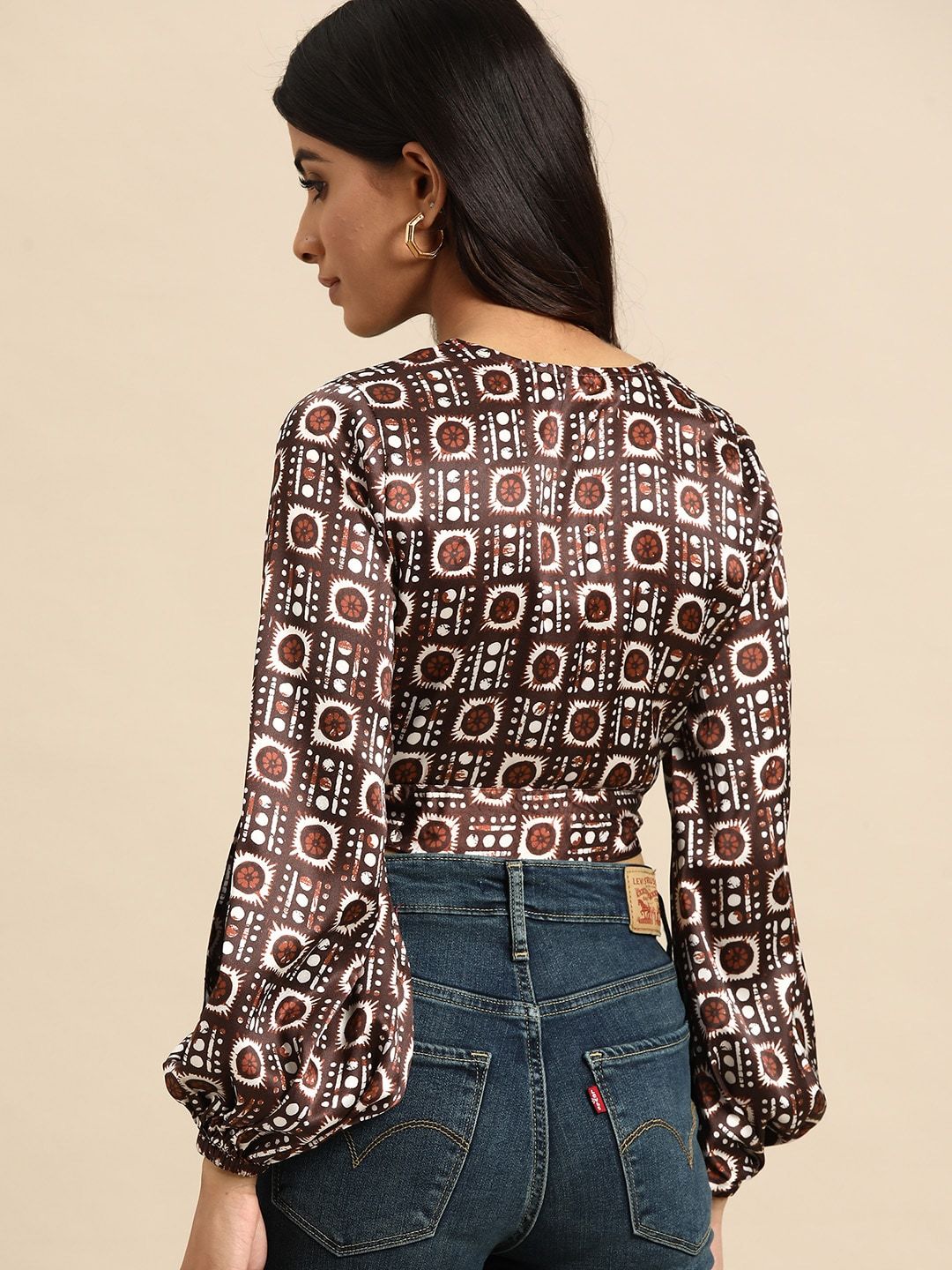 all about you Satin Finish Printed Puff Sleeves Wrap Crop Top