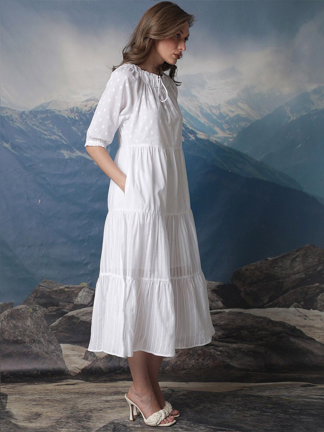 RAREISM Tie-Up Neck A-Line Midi Dress