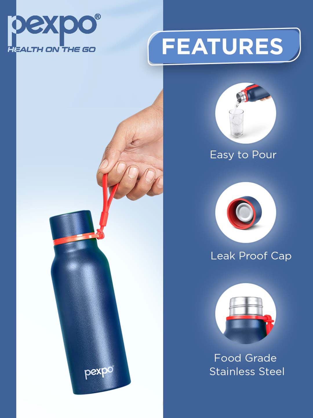 Pexpo Bosco Blue Double wall Thermosteel Hot & Cold Insulated Water Bottle 600ml