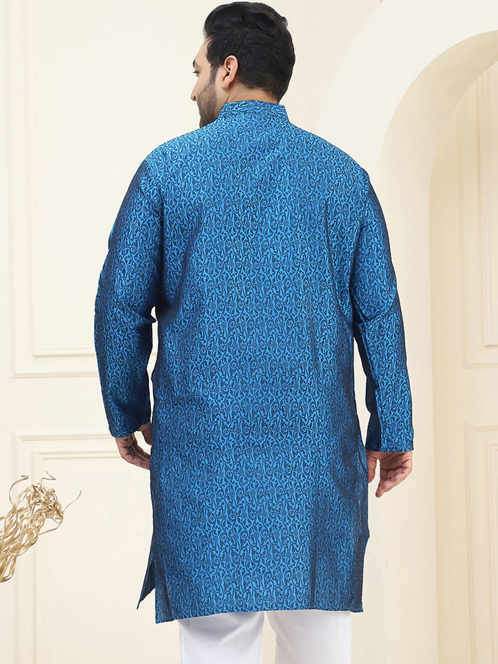 SOJANYA PLUS Men Plus Size Blue Woven Design Jacquard Straight Kurta