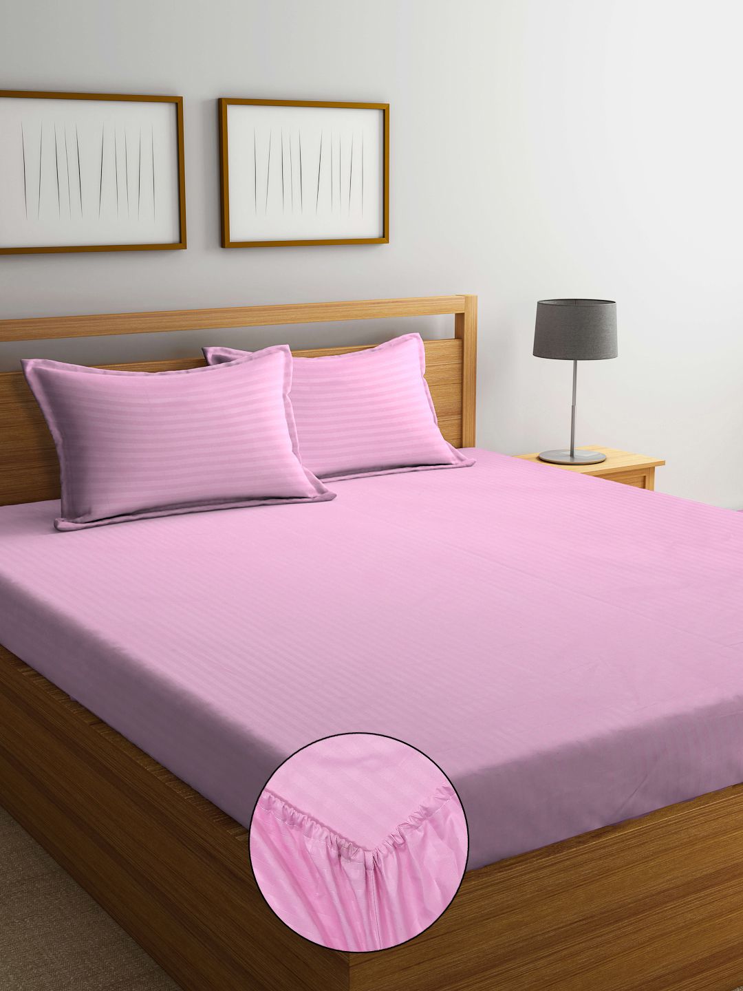 Myntra Elegant Homes Pink Striped 300 TC King Bedsheet with 2 Pillow Covers