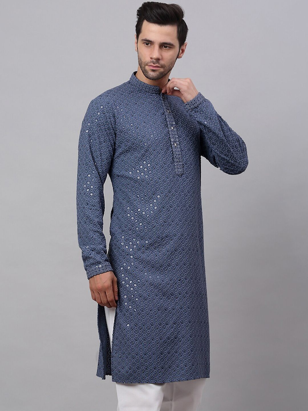 Jompers Men Grey Geometric Kurta