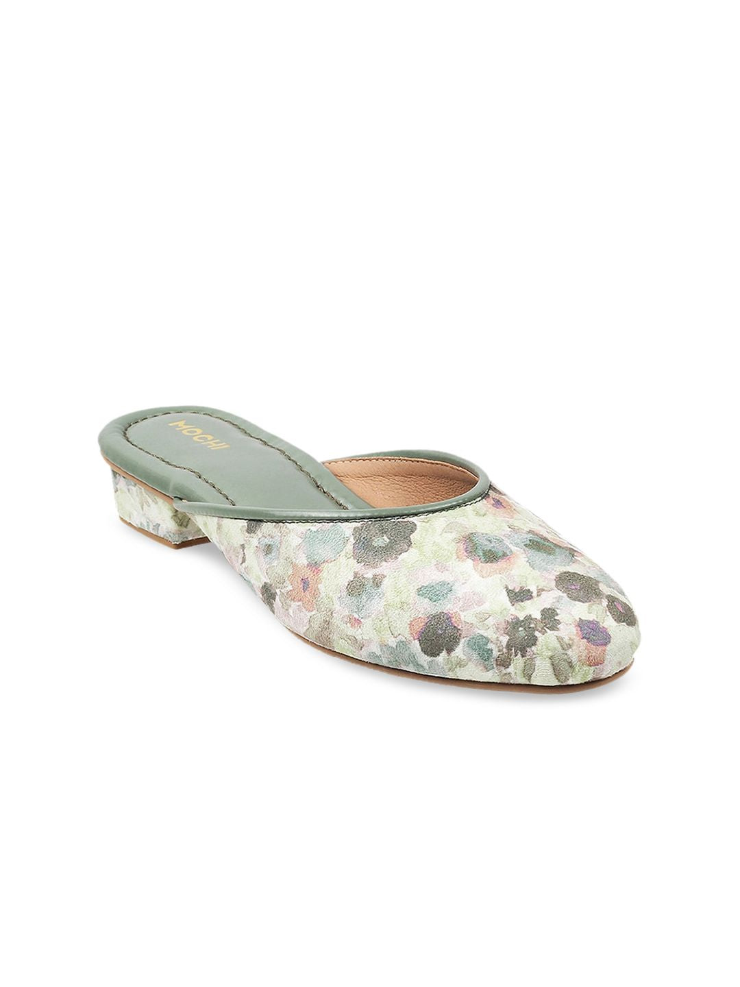 Mochi Women Green Floral Block Mules