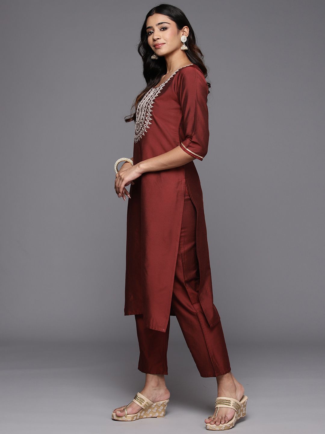Gerua By Libas Women Floral Yoke Design Regular Sequinned Kurta with Trousers  With Dupatta