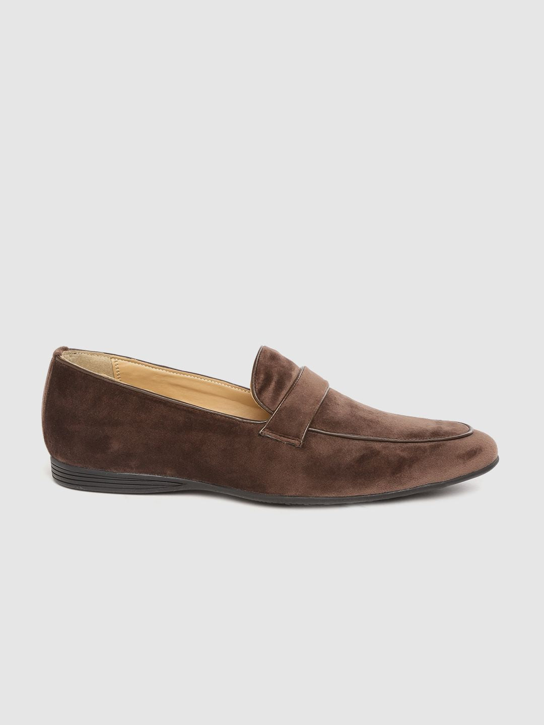 House of Pataudi Men Coffee Brown Velvet Finish Handcrafted Slip-Ons