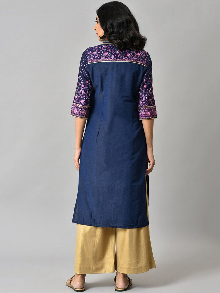 AURELIA Women Navy Blue Floral Printed Straight Fit Kurta