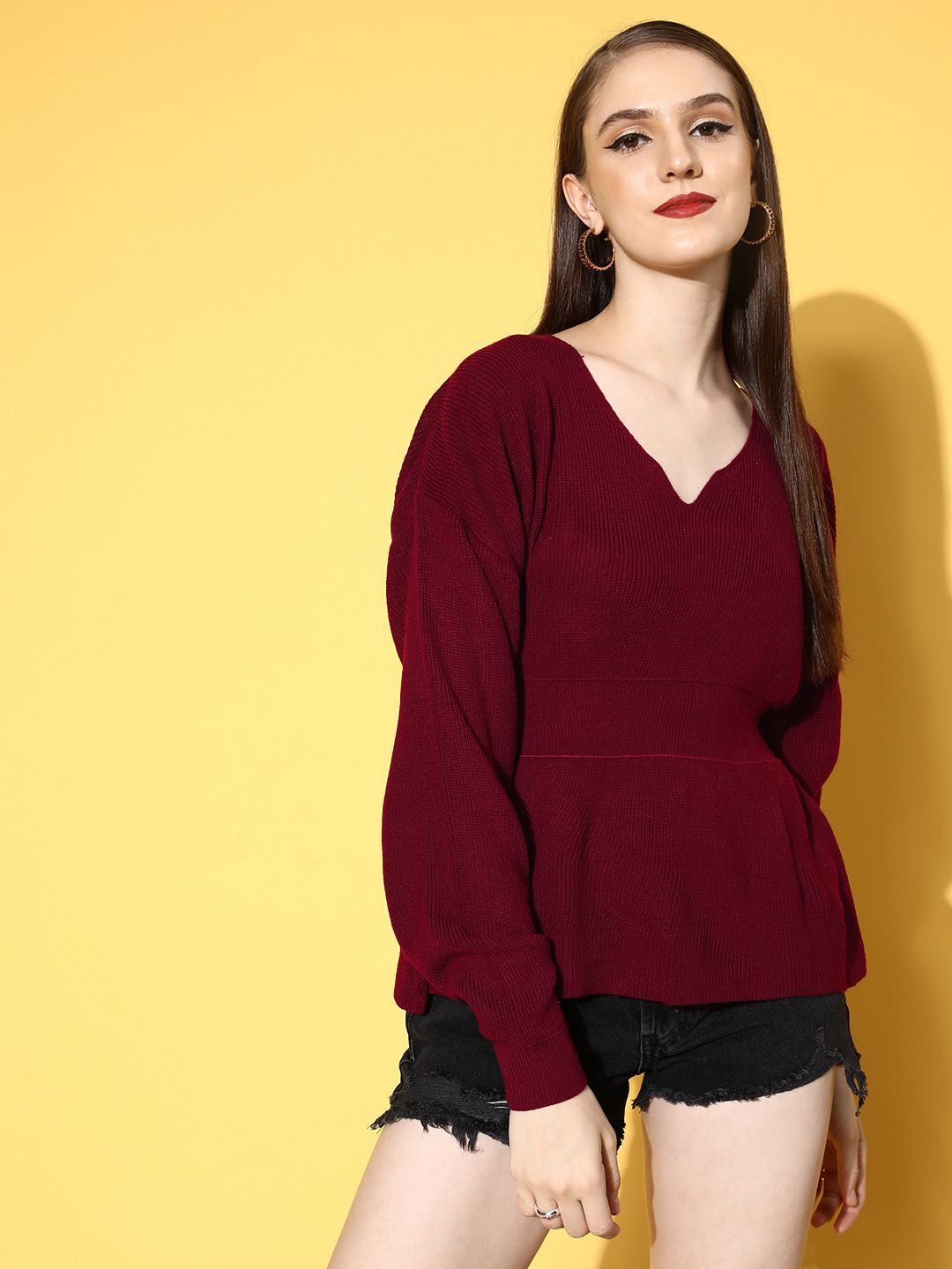 Berrylush Women Maroon Solid Knits Bits Sweater