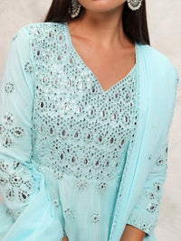 Vishudh Blue Embroidered Mirror Work Pure Cotton Anarkali Kurta With Trousers & Dupatta