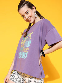 STREET 9 Women Lavender Typography Printed High Neck Extended Sleeves Bio Finish Oversized  T-shirt