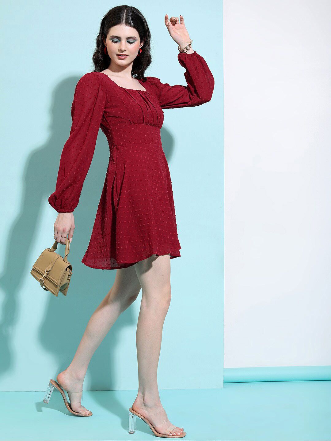 Tokyo Talkies Maroon Self Design Puff Sleeves Pleated Fit & Flare Dress