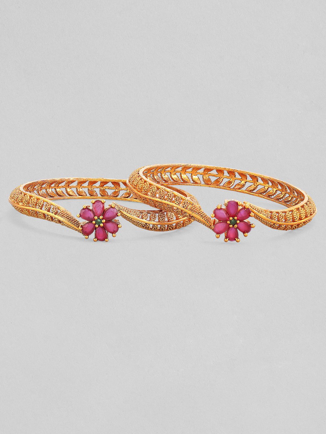 Rubans Set Of 2 Gold-Plated & Pink Stone-Studded Bangles