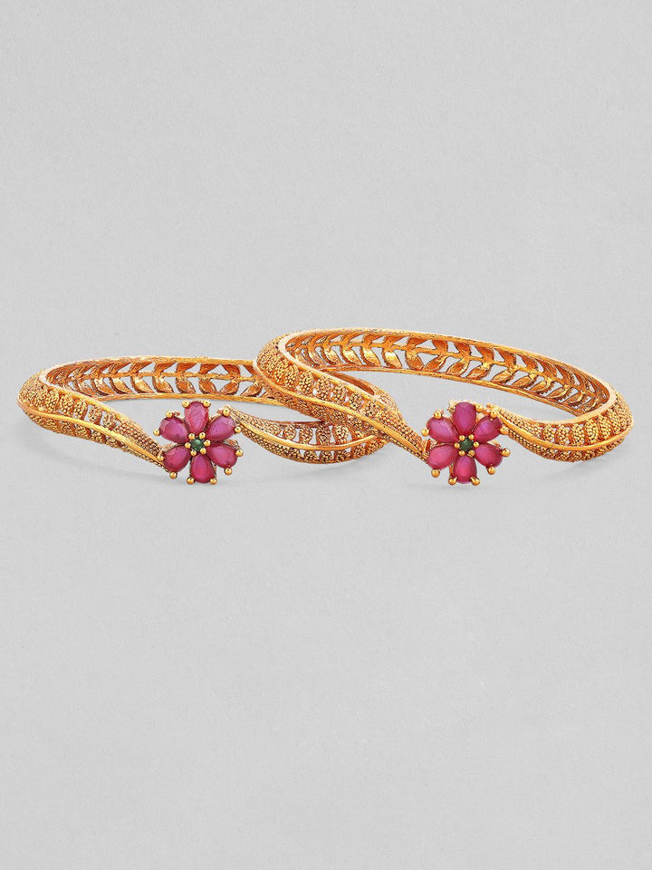 Rubans Set Of 2 Gold-Plated & Pink Stone-Studded Bangles
