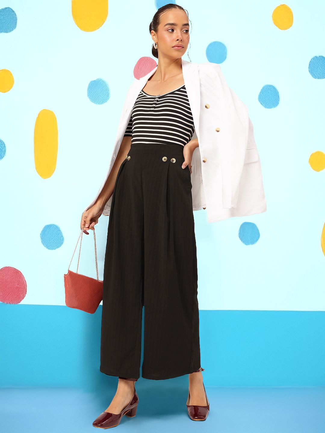DressBerry Women Button-Detail High-Rise Pleated Flared Trousers
