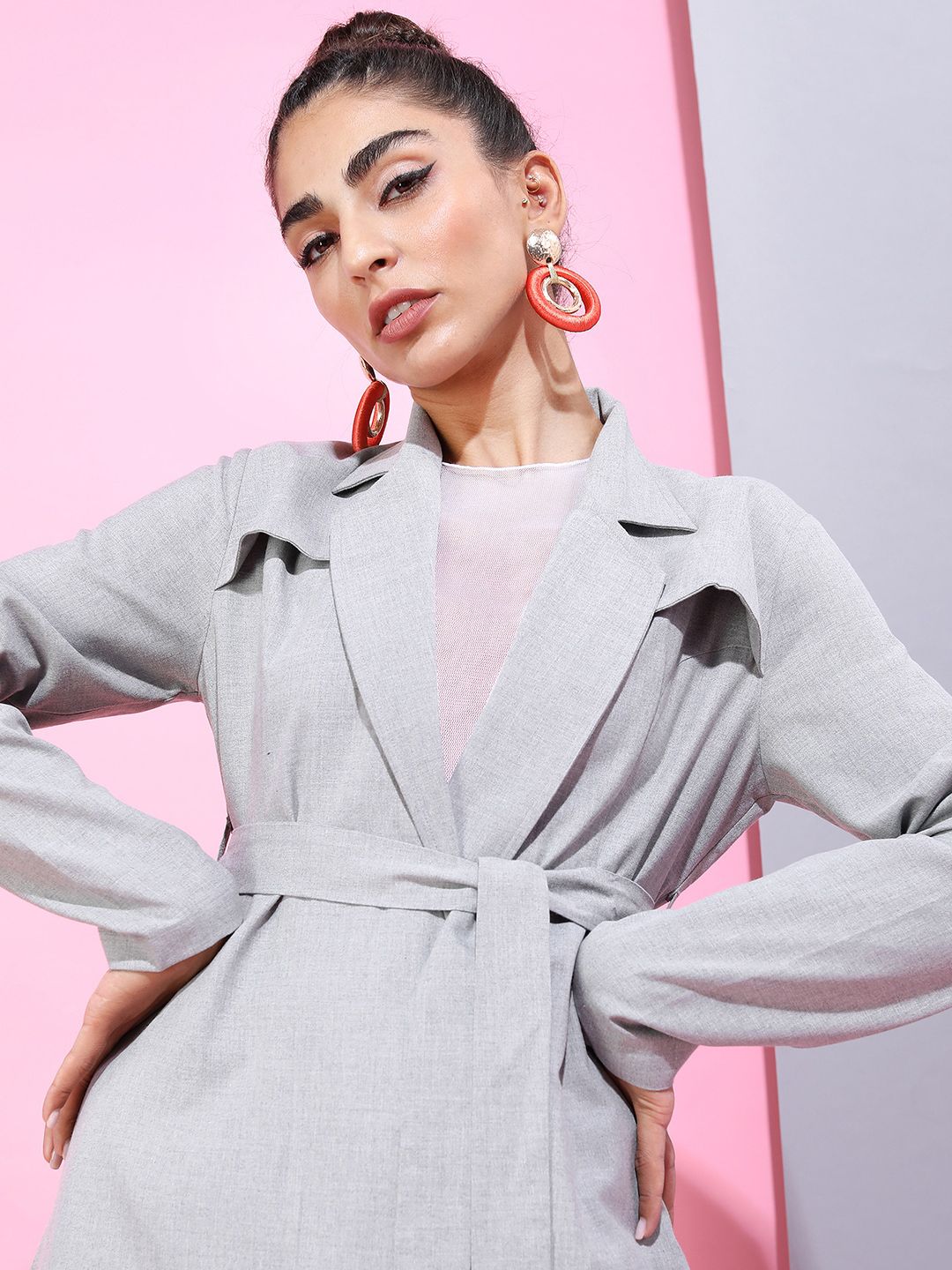 Tokyo Talkies Women Grey Solid Longline Trench Coat