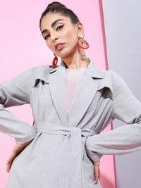 Tokyo Talkies Women Grey Solid Longline Trench Coat