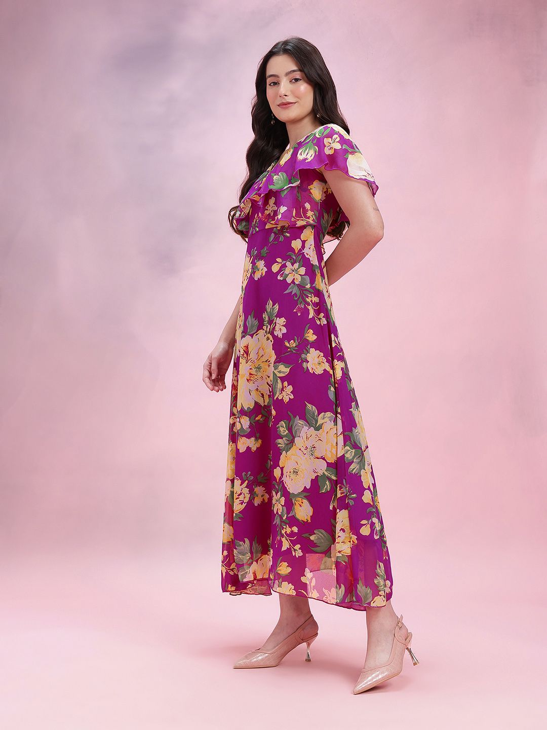 DressBerry Floral Print V-Neck Layered A-Line Midi Dress