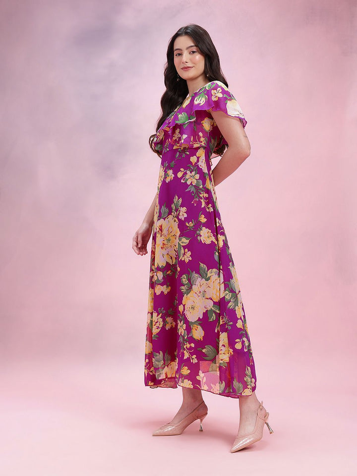DressBerry Floral Print V-Neck Layered A-Line Midi Dress
