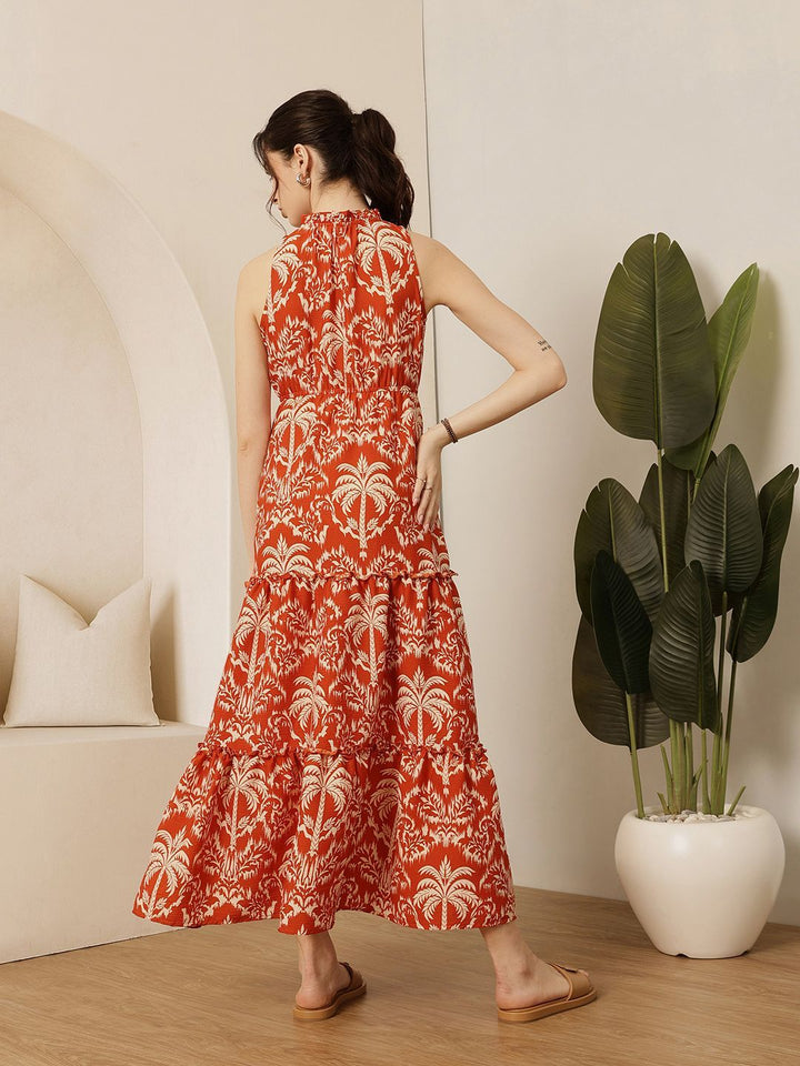 STREET 9 Women Tropical Print Halter Neck Tiered Cotton Fit & Flare Maxi Dress