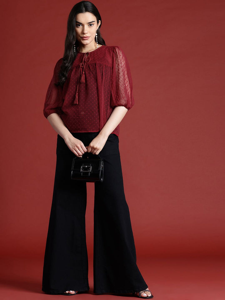 all about you Dobby Woven Tie-Up Neck Puff Sleeve Top