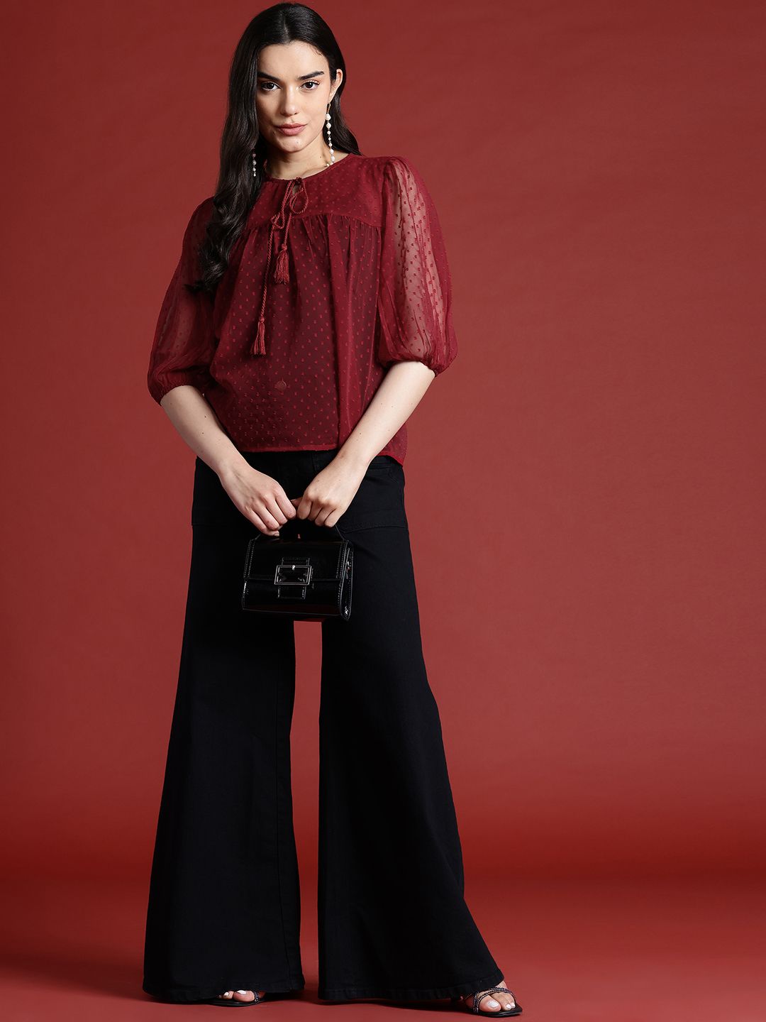 all about you Dobby Woven Tie-Up Neck Puff Sleeve Top