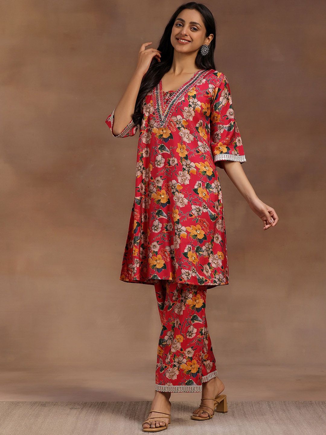 Libas Pink Floral Printed Tunic With Palazzo