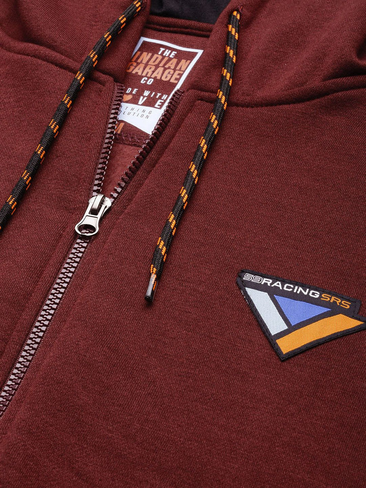 The Indian Garage Co Men Maroon & Black Colourblocked Hooded Sweatshirt