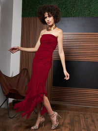 Athena Red Ruffled Strapless Asymmetric Hem Maxi Dress