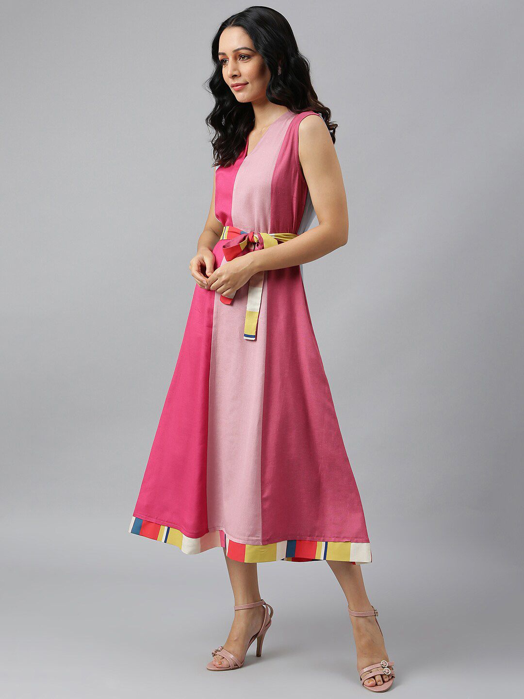 W Pink Colourblocked Midi Dress