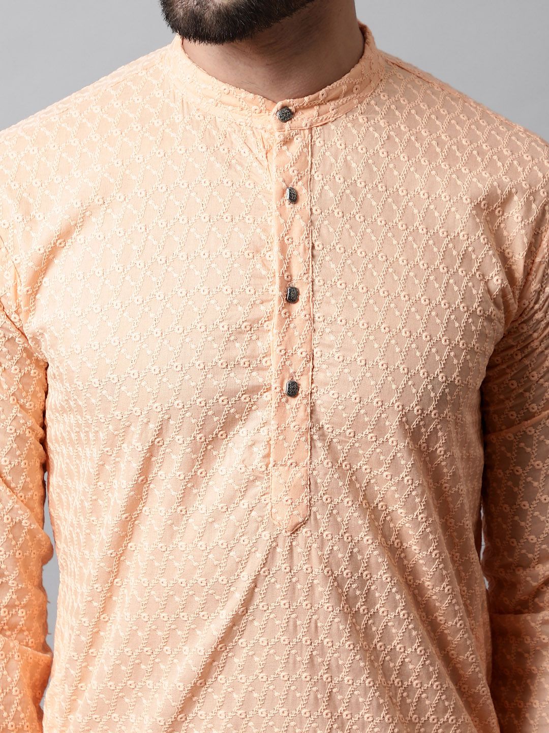 Jompers Men Orange Embroidered Chikankari Pure Cotton Kurta with Pyjamas