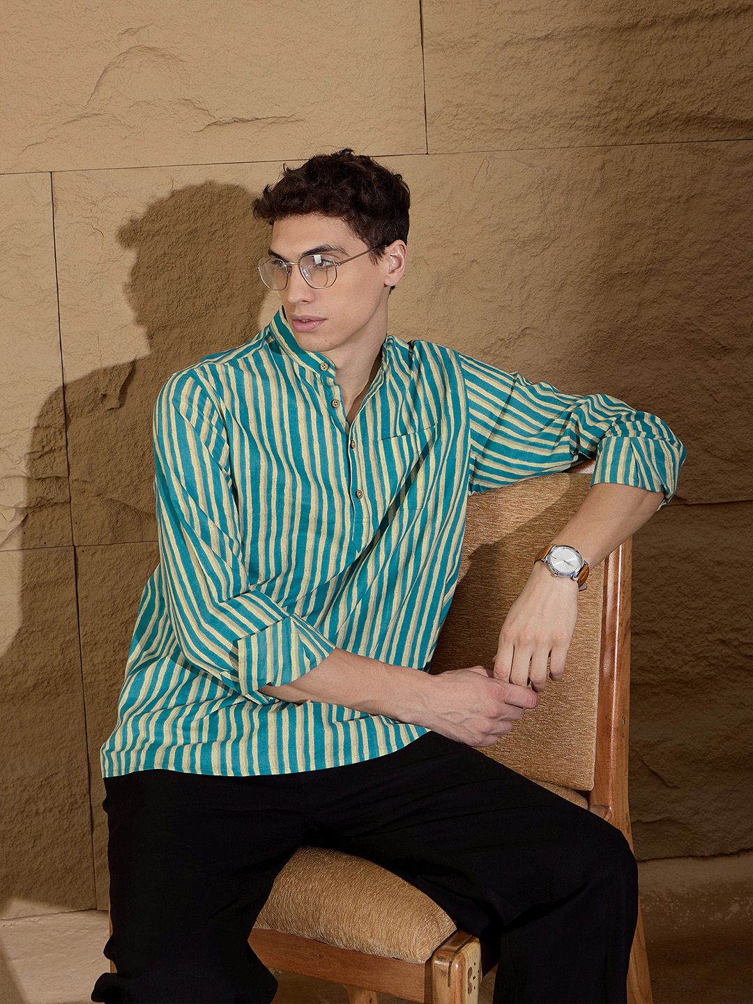 DENNISON Striped Printed Pure Cotton Band Collar Straight Kurta