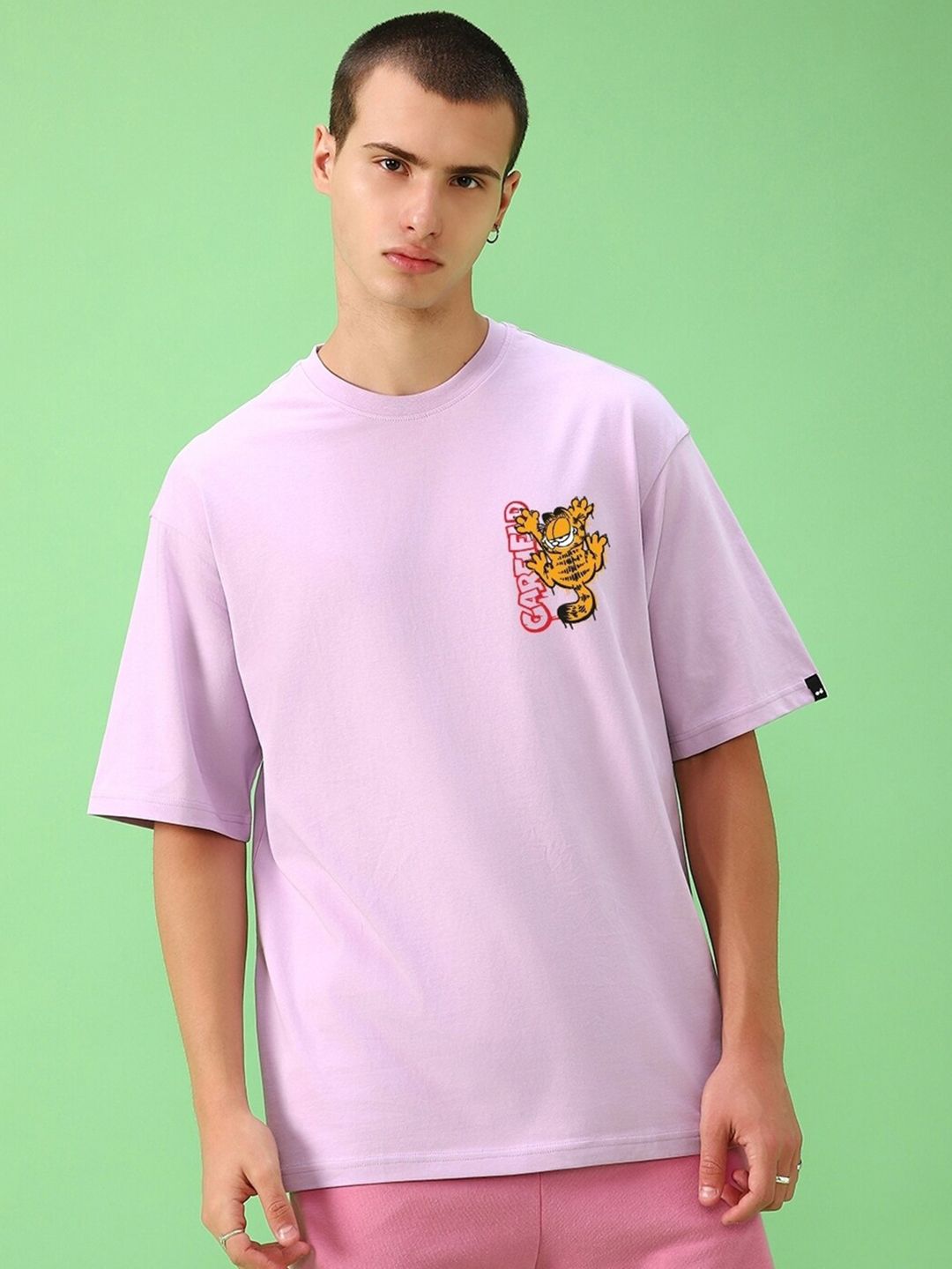 Bewakoof Purple Garfield Printed Round Neck Short Sleeves Cotton Oversized T-shirt