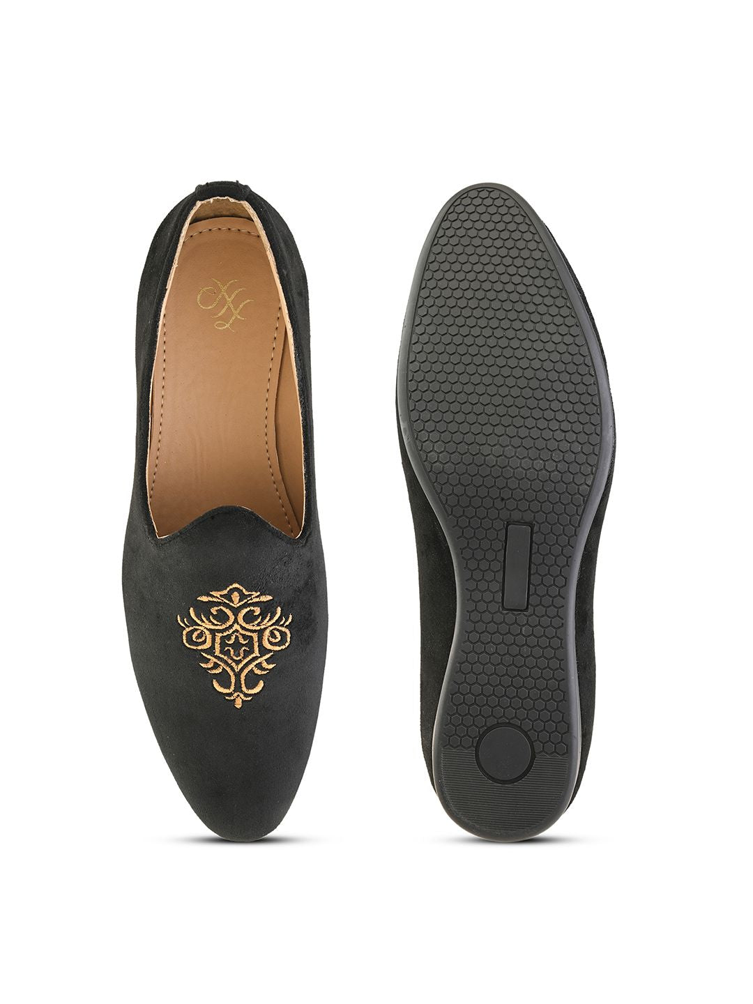 House of Pataudi Men Black & Beige Woven Design Handcrafted Slip-Ons