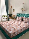 KLOTTHE Cosmos Beige Floral Cotton 400 TC Fitted King Superfine Bedsheet with 2 Pillow Covers-98 x 89 inches