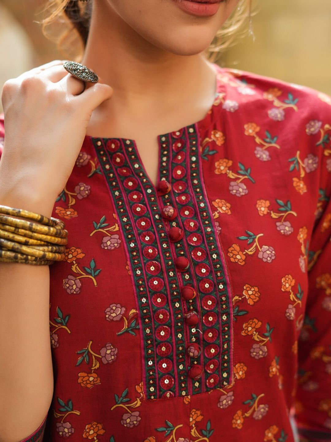 Rain & Rainbow Floral Printed Sequinned Pure Cotton Kurti