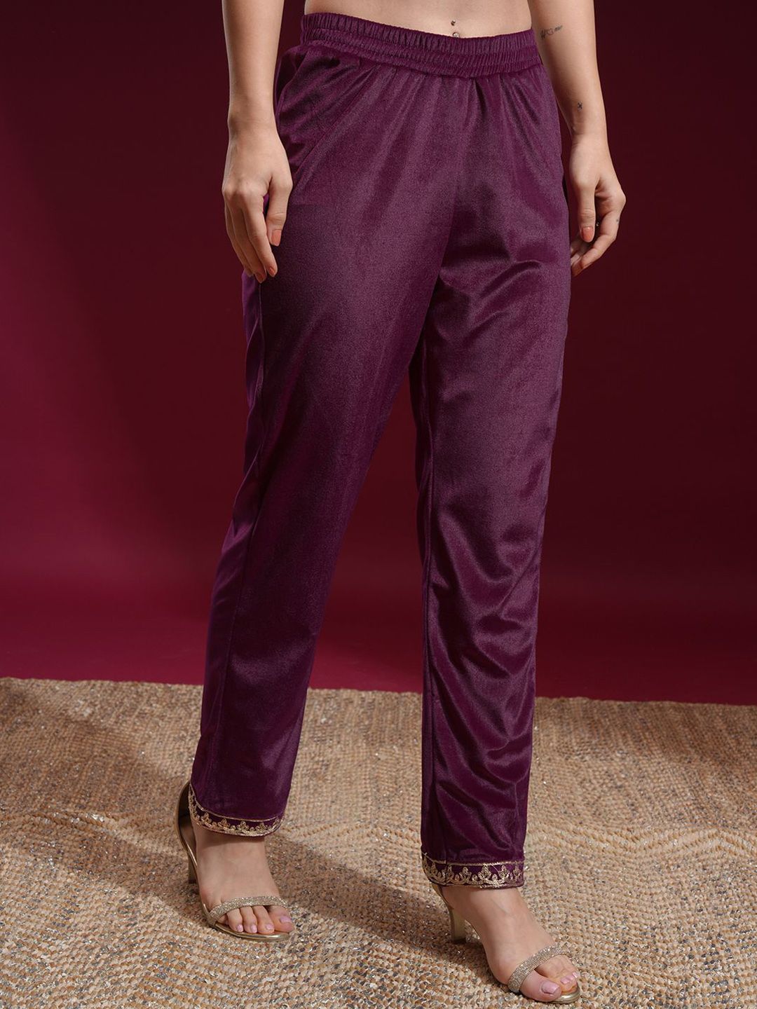 Vishudh Women Embroidered Velvet Straight Kurta with Slim Pants and Dupatta