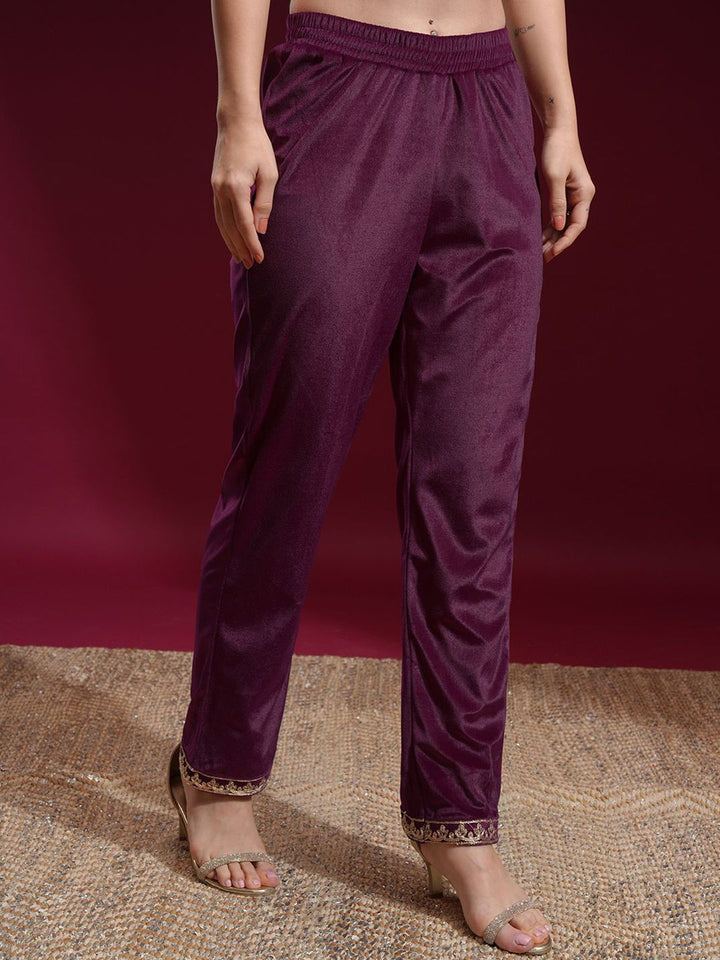 Vishudh Women Embroidered Velvet Straight Kurta with Slim Pants and Dupatta