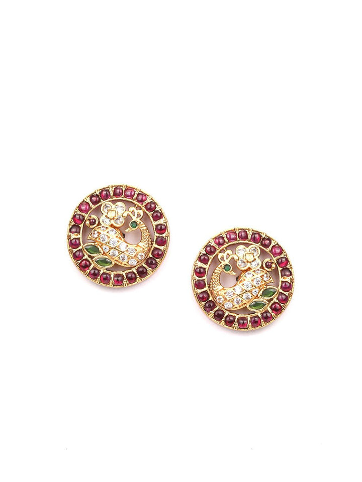 Priyaasi American Diamond Maroon Gold Plated Peacock Contemporary Stud Earrings