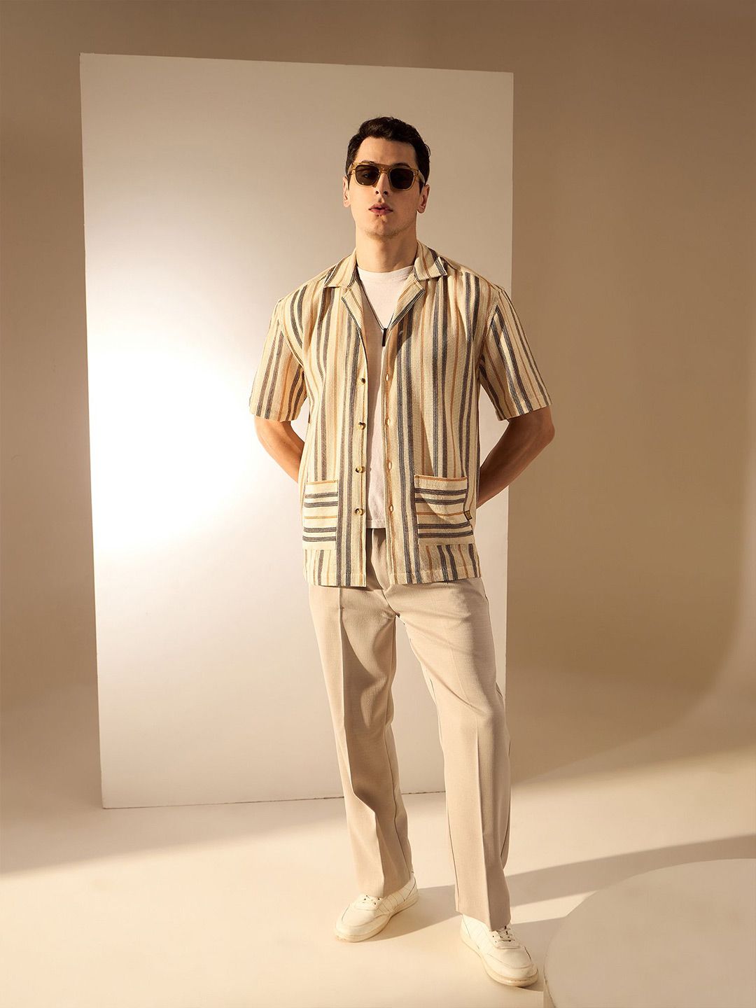DENNISON Men Vertical Striped Oversized Crochet Shirt