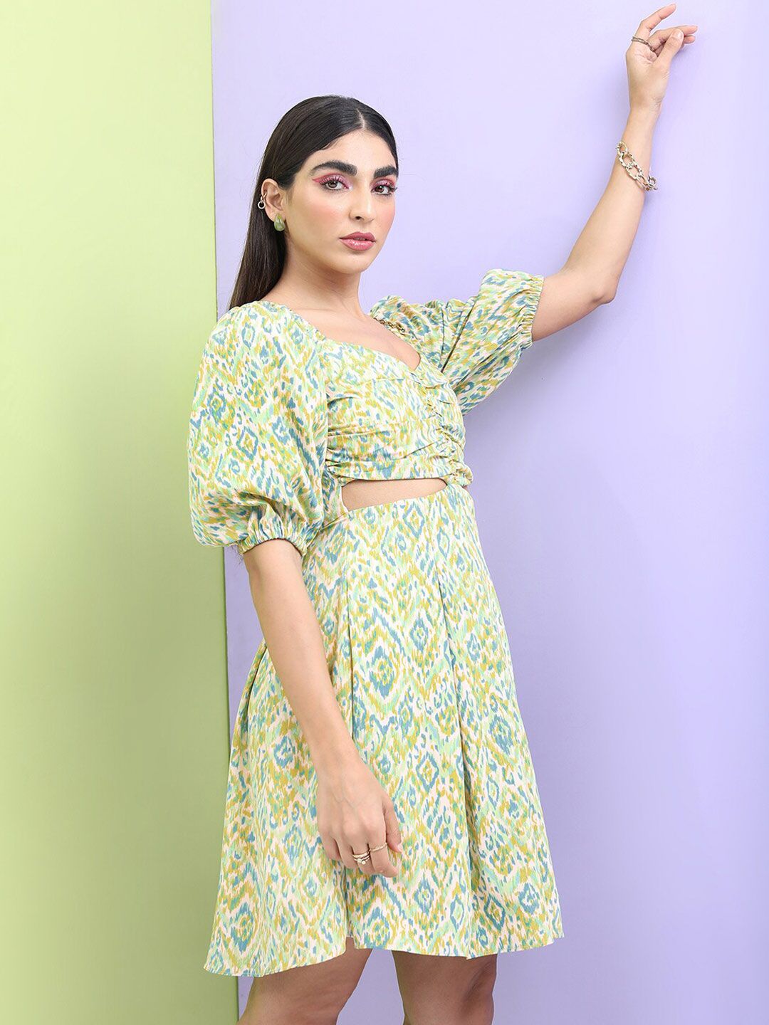 Tokyo Talkies Off White Abstract Printed Puff Sleeves Cut-Out Detailed Fit & Flare Dress