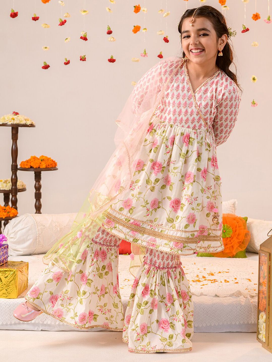 pspeaches Girls Floral Printed Angrakha Pure Cotton A-line Kurta With Sharara & Dupatta