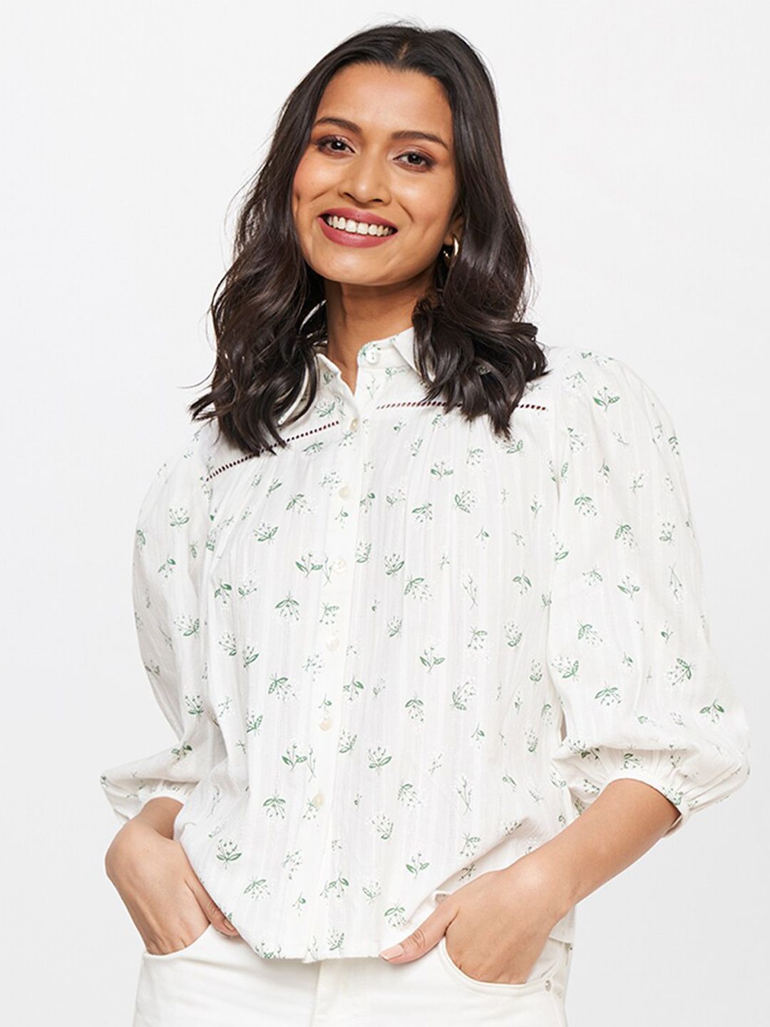 AND White & Green Floral Printed Shirt Style Top