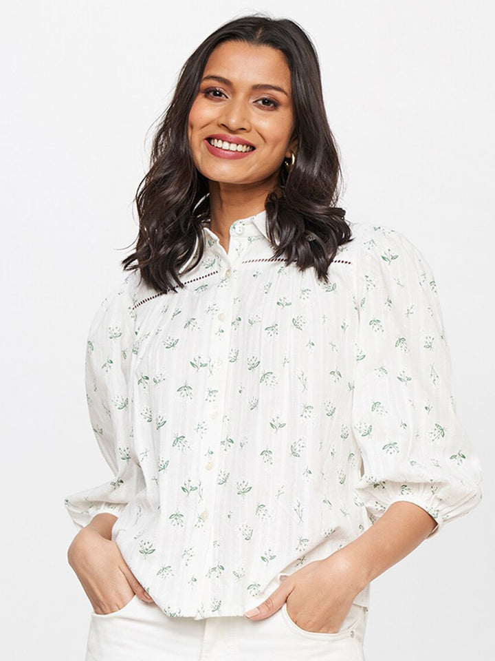 AND White & Green Floral Printed Shirt Style Top