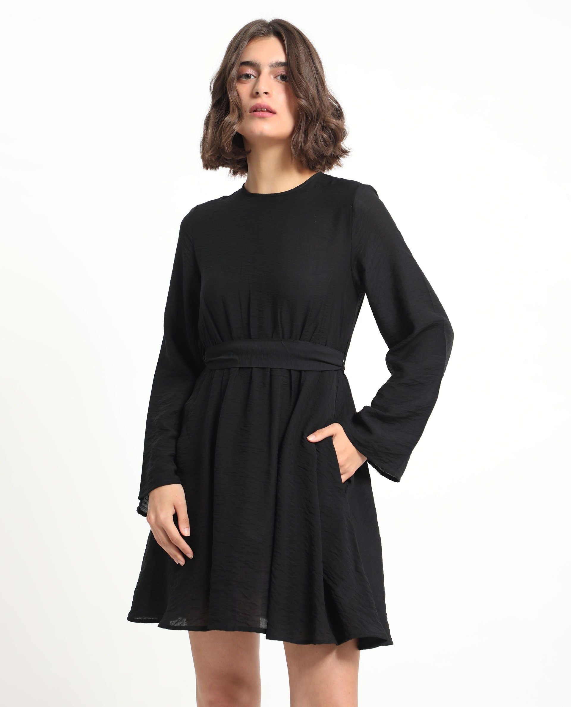 RAREISM Round Neck Flared Sleeves Gathered Fit & Flare Dress